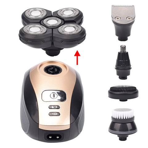 Image of 5 In 1 Rechargeable Bald Head Electric Shaver 5 Floating Heads Beard Nose Ear Hair Trimmer Razor Clipper Facial Brush