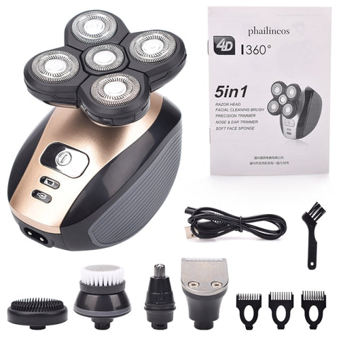 Image of 5 In 1 Rechargeable Bald Head Electric Shaver 5 Floating Heads Beard Nose Ear Hair Trimmer Razor Clipper Facial Brush